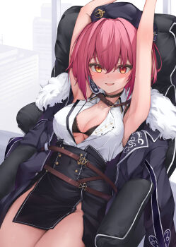 1girl absurdres arms_up bare_arms beret black_bra blush bra bra_peek breasts building buttons chair choker cleavage commentary_request covered_navel cowboy_shot fang fur-trimmed_jacket fur_trim hair_between_eyes hair_intakes hat heart heart_necklace heterochromia high-waist_skirt highres hololive houshou_marine houshou_marine_(businesswoman) impossible_clothes jacket unworn_jacket jewelry lace lace-trimmed_bra lace_trim lanyard large_breasts leaning_back medium_hair necklace no_panties official_alternate_costume official_alternate_hairstyle open_mouth partially_unbuttoned phytoncide plunging_neckline red_eyes red_hair sitting skirt slit smile solo thighs underwear virtual_youtuber window yellow_eyes