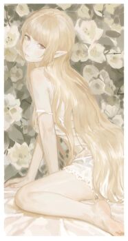 1girl absurdres arm_between_legs arm_support barefoot bed_sheet blonde_hair breasts dress feet feet_out_of_frame fingernails floral_background flower from_side full_body highres kiss-shot_acerola-orion_heart-under-blade kiss-shot_acerola-orion_heart-under-blade_(young_adult) kizumonogatari lace lace-trimmed_dress lace_trim large_breasts legs_apart light_blush lips long_hair looking_at_viewer monogatari_(series) oshino_shinobu parted_lips pointy_ears short_dress sidelocks sitting sleeveless sleeveless_dress soles solipsist solo strap_slip sundress very_long_hair wariza white_dress white_flower white_mouth white_theme yellow_eyes