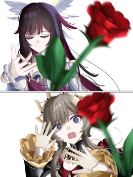 Rule 34 | 2girls, @ @, absurdres, bare shoulders, black collar, black hair, black sleeves, blue eyes, blurry, blurry foreground, bonnet, breasts, brown hair, closed eyes, closed mouth, collar, columbina (genshin impact), detached collar, detached sleeves, dress, flower, genshin impact, gloves, hair flaps, hair ornament, head wings, headdress, highres, incoming attack, incoming object, long hair, long sidelocks, long sleeves, looking at viewer, meme, motion blur, multicolored hair, multiple girls, multiple wings, open mouth, purple hair, purple streaks, pyipyimime, red flower, red rose, ribbon, rose, sandrone (genshin impact), short hair, short hair with long locks, sidelocks, simple background, smile, streaked hair, throwing, tossing, two-tone hair, upper body, very long hair, white background, white dress, white headdress, white wings, wing hair ornament, wings, woe plague be upon ye (meme), wrist bow