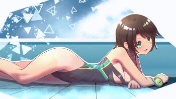 1girl absurdres black_hair black_one-piece_swimsuit blue_eyes breasts cleavage commentary_request competition_swimsuit highleg highleg_one-piece_swimsuit highres hololive kbkzsp7 lying medium_breasts multicolored_swimsuit on_stomach one-piece_swimsuit oozora_subaru short_hair smile solo strap_pull strap_slip swimsuit virtual_youtuber