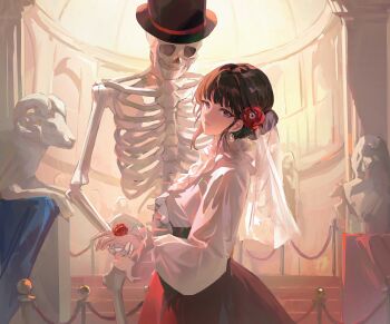 1girl absurdres black_hair flower hair_flower hair_ornament hat highres indoors kuza_brs long_sleeves museum original red_skirt shirt skeleton skirt statue top_hat undead white_shirt