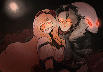 Rule 34 | 1boy, 1girl, bbycha25, black gloves, black hair, blonde hair, closed mouth, commentary, danganronpa (series), danganronpa 3 (anime), dark persona, elbow gloves, english commentary, eyelashes, flower, gloves, glowing, glowing eyes, grey hair, hair flower, hair ornament, hand on another's cheek, hand on another's face, highres, long hair, multicolored hair, official alternate costume, official alternate eye color, red eyes, red flower, short hair, short sleeves, smile, snake, sonia nevermind, spoilers, tanaka gundham, two-tone hair, upper body