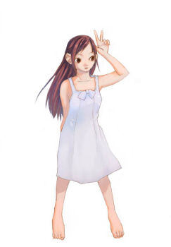 1girl archived_source arm_behind_back bad_link barefoot bow breasts brown_eyes brown_hair collarbone dress dress_bow kim_soo-min_(image_part) legs_apart long_hair looking_to_the_side medium_breasts original sidelocks simple_background solo standing straight_hair sundress swept_bangs toenails toes w white_background white_bow white_dress