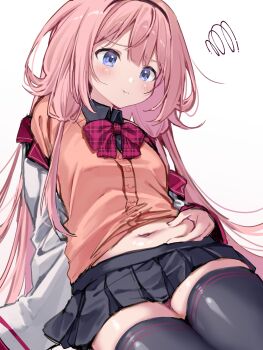 1girl absurdres belly_grab black_shirt black_skirt black_thighhighs blazer blue_eyes blush bow bowtie breasts closed_mouth highres ia_1928 jacket long_hair navel nijisanji off_shoulder pink_hair plaid_bow plaid_bowtie plaid_clothes red_bow red_bowtie shirt skirt small_breasts solo squiggle suo_sango suo_sango_(1st_costume) sweater_vest thighhighs unmoving_pattern very_long_hair virtual_youtuber weight_conscious white_background zettai_ryouiki