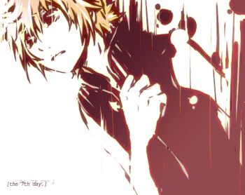 Rule 34 | 1boy, alternate eye color, blonde hair, commentary, dutch angle, english commentary, english text, hand up, illbewaiting, kingdom hearts, kingdom hearts ii, limited palette, looking to the side, male focus, no jacket, parted lips, red eyes, red theme, roxas, short hair, solo, spiked hair, upper body