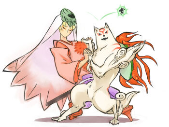 Rule 34 | amaterasu (ookami), fire, geta, hakama, hakama skirt, hat, ichimegasa, issun, japanese clothes, markings, mask, mini person, miniboy, o/p.com, ookami (game), purple hakama, rearing, reflector (ookami), simple background, skirt, tengu-geta, tengu mask, ushiwakamaru (ookami), white background, white wolf