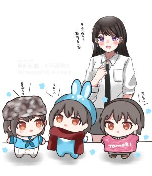 Rule 34 | 4girls, :d, asahi rise, bang dream!, bang dream! it's mygo!!!!!, black hair, black hat, blue neckerchief, breast pocket, collared shirt, commentary request, earrings, grey hair, hat, highres, jewelry, long hair, multiple girls, multiple persona, neckerchief, open mouth, orange eyes, pink sweater, pocket, purple eyes, red scarf, sailor, sailor collar, scarf, shiina taki, shirt, smile, sweater, takamatsu tomori, translation request, watermark, white sailor collar, white shirt