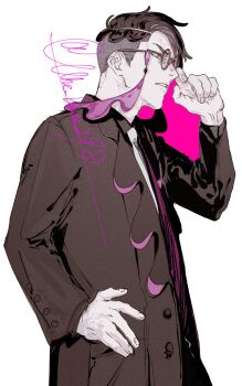 1boy black-framed_eyewear black_hair black_jacket black_shirt collared_shirt corbeau_(pokemon) eyewear_strap glasses highres jacket long_sleeves male_focus necktie nintendo open_mouth pokemon pokemon_legends:_z-a purple_hair round_eyewear shirt short_hair short_sideburns simple_background solo undercut une_brise398 upper_body white_background white_necktie yellow_eyes