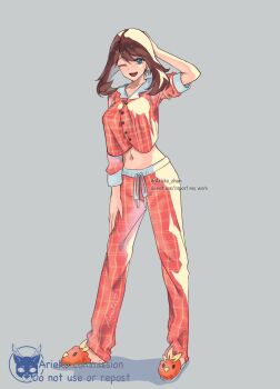 1girl ariekochan arm_up blue_eyes breasts brown_hair collared_shirt commentary commission cropped_shirt english_commentary english_text full_body gen_3_pokemon grey_background hand_on_own_head highres large_breasts long_hair long_sleeves may_(pokemon) midriff navel nintendo orange_pajamas orange_pants orange_shirt pajamas pants plaid_clothes plaid_pants plaid_shirt pokemon pokemon_rse shadow shirt shirt_overhang sleeves_pushed_up solo torchic