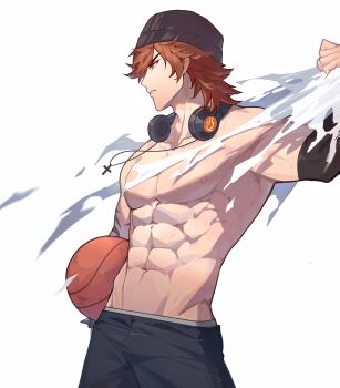 1boy abs arm_up ball basketball_(object) beanie black_hat black_pants brown_hair commentary_request compression_sleeve hat headphones headphones_around_neck highres holding holding_ball magicxbai male_focus navel nipples original pants parted_bangs parted_lips pectorals solo standing topless_male torn_clothes