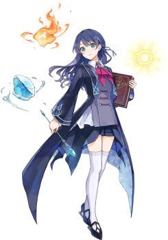 Rule 34 | 1girl, ascot, black shoes, blue coat, blue eyes, blue hair, blue shorts, book, closed mouth, coat, collared shirt, cryokinesis, electricity, electrokinesis, fire, full body, game cg, gem, gem wand, half updo, hasunosora fantasy, holding, holding book, holding wand, link! like! love live!, long hair, looking at viewer, love live!, magic, murano sayaka, non-web source, official alternate costume, official art, open clothes, open coat, pyrokinesis, red ascot, shirt, shoes, short shorts, shorts, simple background, smile, solo, standing, thighhighs, transparent background, wand, white shirt, white thighhighs