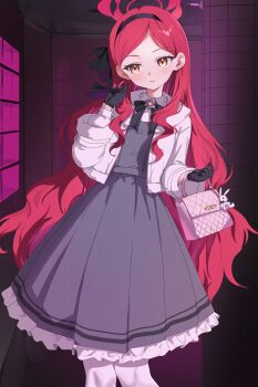 Rule 34 | 1girl, absurdres, animal charm, bag, bag charm, black gloves, black hairband, black ribbon, blue archive, brooch, charm (object), commentary request, cowboy shot, curly sidelocks, d (delt4), dark background, dress, facing viewer, fluffy hair, frilled dress, frills, fur-trimmed sleeves, fur trim, gloves, grey dress, hair behind ear, hair ribbon, hairband, halo, handbag, highres, indoors, jacket, jewelry, knees, light blush, long hair, long sidelocks, long sleeves, looking to the side, medium dress, middle part, neck ribbon, open clothes, open jacket, pantyhose, parted bangs, parted lips, pillar, pink bag, quilted bag, rabbit charm, red hair, red halo, ribbon, sidelocks, solo, standing, straight-on, takane (blue archive), twirling hair, very long hair, white jacket, white pantyhose, yellow eyes