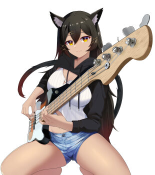 1girl absurdres animal_ears bass_guitar black_hair black_nails black_sweater breasts camisole cat_ears cat_girl cat_tail cleavage closed_mouth commentary dark-skinned_female dark_skin denim denim_shorts english_commentary feet_out_of_frame gradient_hair hair_between_eyes hair_ornament highres holding holding_bass_guitar holding_instrument indie_virtual_youtuber instrument large_breasts lips long_hair long_sleeves looking_at_viewer midriff multicolored_hair music nail_polish playing_bass_guitar playing_instrument shirt short_shorts shorts simple_background smile solo squatting sulkycats sweater tail twomoon very_long_hair virtual_youtuber white_background white_camisole white_shirt x_hair_ornament yellow_eyes