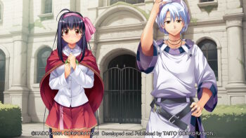 1boy 1girl ahoge aleph_coulson atelier-moo belt black_belt black_hair blush brown_eyes building bush clenched_hands closed_mouth collarbone collared_shirt company_name copyright_notice cowboy_shot embarrassed fence flower game_cg grey_pants hair_between_eyes hair_ribbon hand_on_own_head hand_on_own_hip hands_on_own_chest hat key large_variant_set leaf long_hair long_shirt long_sleeves looking_at_viewer miniskirt non-web_source official_art pants pink_ribbon purple_hat purple_shirt red_shawl ribbon rose shawl sheela_sheffield shirt short_hair skirt smile standing striped_hat tachi-e tareme three-quarter_sleeves variant_set very_long_hair white_hair white_shirt window yellow_flower yellow_rose yuukyuu_gensoukyoku yuukyuu_gensoukyoku_revival