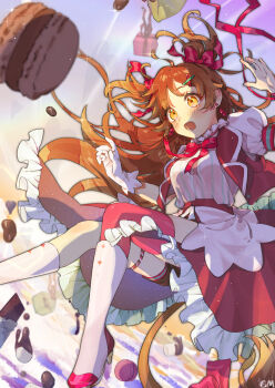 1girl absurdres black_shorts blush boots bow box breasts brown_hair candy chocolate chocolate_bar cropped_jacket dress earrings falling fang floating_hair food gift gift_box gloves hair_bow hair_ornament high_heels highres idenshi_hina jewelry lion_tail long_hair macaron marshmallow neck_ribbon open_mouth pink_thighhighs puffy_short_sleeves puffy_sleeves re:act ribbon shishigami_leona short_sleeves shorts signature single_glove single_thighhigh small_breasts solo sparkle tail thigh_strap thighhighs two_side_up very_long_hair virtual_youtuber white_boots white_dress white_gloves x_hair_ornament yellow_eyes