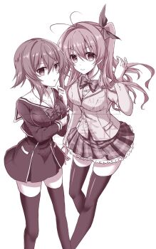 2girls ahoge black_thighhighs blazer chaos;child chaos;head closed_mouth cropped_jacket hair_between_eyes hekiho_academy_school_uniform highres in-franchise_crossover jacket long_hair long_sleeves looking_at_viewer miniskirt monochrome multiple_girls nishijou_myu one_side_up onoe_serika open_mouth plaid_clothes plaid_skirt pleated_skirt ribbon school_emblem school_uniform science_adventure short_hair simple_background skirt smile standing suimei_academy_school_uniform thighhighs watermark white_background zettai_ryouiki