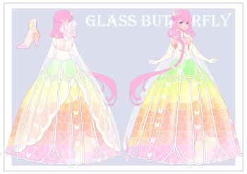 1girl absurdres alternate_color animal_print bare_shoulders black_collar border braid breasts butterfly_hair_ornament butterfly_print cape center_opening character_name cleavage closed_mouth collar commentary_request detached_collar dress elbow_gloves english_text flower from_behind full_body gloves gown gradient_clothes gradient_dress grey_background hair_flower hair_ornament hair_over_shoulder hair_ribbon happy high_heels highres light_blush long_hair looking_at_viewer multicolored_dress multicolored_shoes multiple_views nikki_(series) original outside_border pink_hair print_cape print_dress print_gloves print_ribbon print_shoes purple_eyes red_flower reference_sheet ribbon sakura_no_hana see-through_cape see-through_ribbon shining_nikki shoulder_blades single_braid small_breasts smile standing strapless strapless_dress swept_bangs very_long_hair white_border white_cape white_dress white_gloves white_ribbon