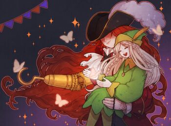 1boy 1girl alternate_costume ascot black_headwear blonde_hair braid brother_and_sister bug butterfly captain_hook captain_hook_(cosplay) carrying carrying_person closed_eyes closed_mouth commentary cosplay covered_eyes donar0217 elden_ring feathers floating_hair green_tunic halloween halloween_costume hat hat_feather hook hook_hand insect jacket long_hair long_sleeves malenia_blade_of_miquella miquella_(elden_ring) open_mouth peter_pan_(character)_(cosplay) peter_pan_(novel) peter_pan_(novel_character) pirate pirate_hat red_hair red_jacket siblings smile tunic twins very_long_hair white_ascot