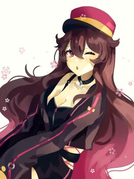 1girl :o bone breasts brown_hair cherimikan choker cleavage commentary flower_symbol gradient_hair hat highres indie_virtual_youtuber jacket long_hair long_sleeves looking_at_viewer minecraft_youtube multicolored_hair off_shoulder one_eye_closed open_mouth pink_eyes pink_hair solo symbol-only_commentary very_long_hair vgumiho white_background zipper