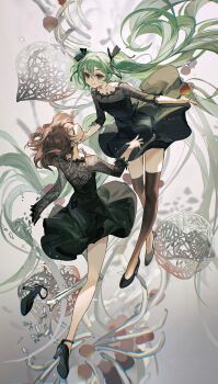 2girls absurdly_long_hair absurdres bare_legs black_dress black_footwear black_nails black_ribbon bone broken_leg broken_ribs brown_hair closed_eyes commentary_request dress floating floating_hair green_eyes green_hair hair_between_eyes hair_ribbon hand_on_another&#039;s_chin hatsune_miku high_heels highres light_blush long_hair medium_hair multiple_girls nail_polish otome_kaibou_(vocaloid) ribbon rumoon smile twintails very_long_hair vocaloid