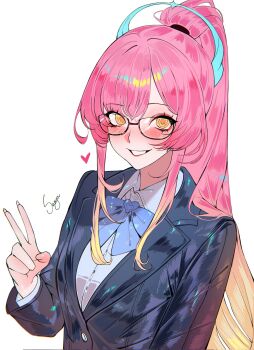 Rule 34 | 1girl, aemeath (wuthering waves), alternate costume, bespectacled, black jacket, blazer, blue bow, blue bowtie, blush, bow, bowtie, breasts, commentary, english commentary, fingernails, glasses, gradient hair, hand up, heart, highres, jacket, long fingernails, long hair, looking at viewer, medium breasts, multicolored hair, orange hair, parted lips, pink hair, ponytail, sanya (sanya lox228), school uniform, signature, simple background, smile, solo, upper body, white background, wuthering waves, yellow eyes