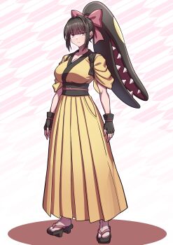 1girl absurdres blunt_bangs bow breasts cleavage fingerless_gloves gen_3_pokemon geta gloves hair_bow hair_intakes highres japanese_clothes large_breasts long_hair mawile nintendo personification pink_eyes pokemon ponytail sharp_teeth solo teeth yokomiya4538