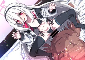 Rule 34 | 1boy, 1girl, absurdly long hair, bar censor, bikini, black bikini, black hairband, black thighhighs, blue archive, blush, censored, clothed female nude male, dark-skinned male, dark skin, double-parted bangs, flat chest, girl on top, hair between eyes, hairband, halo, highres, jacket, kei (blue archive), kei (new body) (blue archive), long hair, long hair between eyes, multicolored jacket, navel, nude, okina ika, open clothes, open jacket, penis, pink halo, ringed eyes, side-tie bikini bottom, smile, solo focus, spread legs, string bikini, swimsuit, thighhighs, two-tone jacket, very long hair, white hair, white jacket