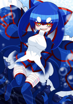1girl absurdres amairo_zanmei bandaged_leg bandages blue_hair blue_skirt gen_3_pokemon highres kyogre legendary_pokemon nintendo no_nose open_mouth personification pokemon sharp_teeth skirt solo teeth wide_sleeves yellow_eyes