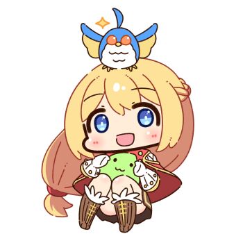 1girl :3 :d animal animal_on_head bird bird_on_head blonde_hair blue_eyes blush boots brown_boots cape chibi chibi_only commentary_request creator_(ragnarok_online) filir_(ragnarok_online) full_body fur-trimmed_boots fur_trim gloves highres long_hair looking_at_viewer low-tied_long_hair on_head open_mouth poporing ragnarok_online red_cape shizukushigure simple_background sitting slime_(creature) smile solo very_long_hair white_background white_gloves