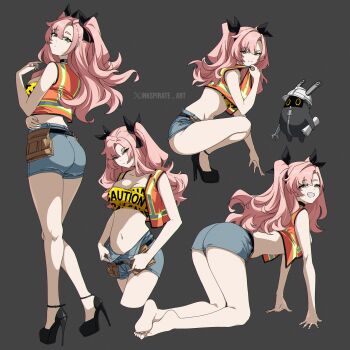 1girl absurdres all_fours alternate_costume artist_name ass bangboo_(zenless_zone_zero) barefoot breasts caution_tape clenched_teeth commentary cropped_legs cropped_vest denim denim_shorts english_commentary feet full_body green_background green_eyes grin hair_ornament half-closed_eyes helmet high-visibility_clothing high-visibility_vest high_heels highres inkspirate large_breasts long_hair looking_at_viewer multiple_views navel nicole_demara orange_vest pink_hair platform_heels ribbon shorts simple_background smile soles solo_focus squatting standing stiletto_heels teeth thighs toes twitter_username twitter_x_logo vest zenless_zone_zero