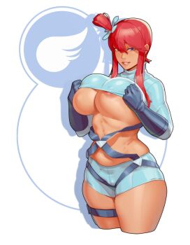 1girl 2024_pokemon_teraleak alternate_breast_size_(larger) areola_slip breasts clothes_lift cropped_legs dark-skinned_female dark_skin highres large_breasts lifting_own_clothes materclaws midriff navel nintendo nipple_slip nipples pokemon pokemon_bw seductive_smile shirt_lift skyla_(pokemon) smile solo teasing