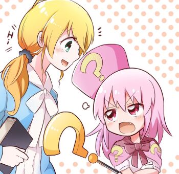 ? benesse blonde_hair book cape crossover ellen_baker fang green_eyes hair_ornament hair_scrunchie hat hatena_yousei holding holding_book looking_at_another new_horizon pink_cape pink_hair pink_hat quriltai red_eyes ribbon scrunchie staff teacher