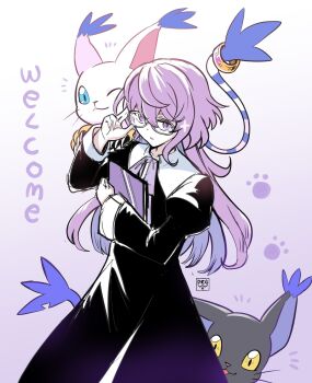 1girl adjusting_eyewear aged_down black_dress blacktailmon cat digimon digimon_(creature) digimon_story:_time_stranger dragonwilbert dress glasses highres mikagura_mirei purple_eyes purple_hair tailmon