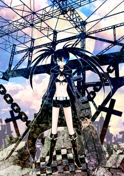 1girl absurdres arm_cannon belt bikini black_hair black_rock_shooter black_rock_shooter_(character) black_shorts blue_eyes boots building chain flaming_eye front-tie_bikini_top front-tie_top glowing glowing_eye highres long_hair mitsuki_aria rock_cannon scar shorts solo swimsuit sword twintails uneven_twintails weapon