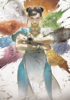 2girls 6+boys akuma_(street_fighter) beard black_hair blanka bracelet cammy_white capcom capcom_cup chinese_clothes chun-li commentary_request crossed_arms double_bun facial_hair fukumori_(capcom) hair_bun hair_ribbon headband hood jamie_siu jewelry jp_(street_fighter) looking_at_viewer m._bison multiple_boys multiple_girls official_alternate_costume official_art paint promotional_art rashid_(street_fighter) ribbon ryu_(street_fighter) serious street_fighter street_fighter_6 zangief