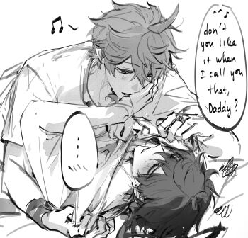 2boys blush english_text genshin_impact greyscale hamtaru542899 highres licking licking_hand monochrome mors_gn multiple_boys musical_note pinned_down speech_bubble tartaglia_(genshin_impact) tartali.club tongue white_background yaoi zhongli_(genshin_impact)