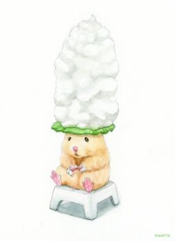 animal animal_focus bath_stool commentary_request gotte hamster no_humans on_stool original painting_(medium) shampoo shampoo_hat simple_background soap_bubbles stool traditional_media watercolor_(medium) white_background