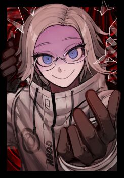 1boy aotsuki_eito black_gloves blue_eyes broken_glass closed_mouth eyelashes glass glasses gloves grey_hair highres jacket looking_at_viewer male_focus nyu_100 raised_eyebrows reaching reaching_towards_viewer red_background smile solo the_hundred_line_-last_defense_academy- white_jacket