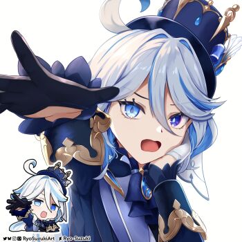 1girl absurdres ahoge ascot asymmetrical_gloves black_gloves blue_ascot blue_eyes blue_gem blue_hair blue_hat blue_jacket blue_pupils chibi chibi_inset commentary drop-shaped_pupils english_commentary furina_(genshin_impact) gem genshin_impact genshin_impact_sticker_redraw_(meme) gloves hair_between_eyes hair_intakes hand_on_own_face hat heterochromia highres jacket long_hair long_sleeves looking_at_viewer meme mismatched_gloves mismatched_pupils multicolored_hair official_art_inset open_hand open_mouth outstretched_hand ryo-suzuki simple_background solo streaked_hair symbol-shaped_pupils top_hat upper_body v-shaped_eyebrows white_background white_gloves