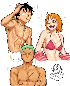 +++ 1girl 3boys abs bikini black_hair breasts brown_eyes cleavage closed_eyes closed_mouth colereeyn commentary cropped_torso english_commentary facial_scar green_hair halterneck hat highres medium_breasts monkey_d._luffy motion_lines multiple_boys nami_(one_piece) one_piece one_piece_(live_action) open_mouth orange_hair parted_lips pectorals pink_bikini puff_of_air roronoa_zoro scar scar_on_cheek scar_on_chest scar_on_face short_hair shoulder_tattoo simple_background sparkle stomach straw_hat straw_hat_pirates sweat swimsuit tattoo topless_male twitter_username upper_body usopp wet white_background