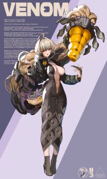 1girl absurdres ahoge black_dress black_hair boots breasts center_opening collar commentary cyberpunk dress english_commentary english_text forked_tongue grey_background grey_hair h-3 high_heels highres looking_at_viewer mechanical_tail medium_breasts multicolored_hair original panties qr_code red_eyes short_hair skin_tight stinger tail tongue tongue_out two-tone_hair underwear