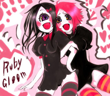 2girls :d alice_(afternoon_gleam) bad_source black_dress black_eyes black_hair black_panties black_thighhighs blush bow breasts colored_skin commentary_request cowboy_shot dress freckles hair_bow iris_(ruby_gloom) locked_arms looking_at_viewer medium_breasts multiple_girls open_mouth orange_thighhighs panties pink_hair puffy_short_sleeves puffy_sleeves purple_eyes red_bow red_thighhighs ruby_gloom ruby_gloom_(character) short_dress short_hair short_sleeves smile striped_clothes striped_thighhighs thighhighs underwear white_background white_skin
