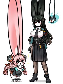 2girls :d absurdres animal_ear_piercing animal_ears ankle_strap black_eyes black_hair black_necktie black_pantyhose black_shoes black_skirt braid breasts brown_eyes eyeball floating fox_ears fox_girl furry furry_female hair_ornament hand_on_own_hip high_heels highres hoshimi_miyabi huge_ears korean_commentary large_breasts long_hair long_sleeves looking_at_another multiple_girls necktie open_mouth own_hands_clasped own_hands_together pantyhose pink_hair rabbit_ears rabbit_girl shoes side_slit skirt smile tailless_(zenless_zone_zero) twin_braids uncolorcube zenless_zone_zero zhao_(zenless_zone_zero)