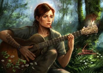 1girl arm_tattoo artist_name brown_hair day ellie_(the_last_of_us) flower forest freckles green_eyes grey_pants grey_shirt guitar holding holding_guitar holding_instrument inna_vjuzhanina instrument leaf nature outdoors pants shirt short_hair short_sleeves signature sitting solo tattoo the_last_of_us the_last_of_us_(series) tree watermark web_address white_flower