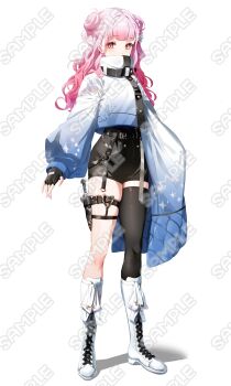 1girl absurdres arms_at_sides asymmetrical_sleeves black_boots black_gloves black_shorts black_thighhighs boots commentary_request covered_mouth cropped_jacket dagger double_bun fingerless_gloves full_body gloves hair_bun heart heart_o-ring high-waist_skirt high_collar highres jacket knee_boots knife kuu_(user_gngs5284) lace-up_boots long_hair long_sleeves looking_at_viewer o-ring o-ring_thigh_strap official_art original pink_hair puffy_long_sleeves puffy_sleeves red_eyes sample_watermark shirt_overhang shorts side_up_bun single_thighhigh single_wide_sleeve skirt solo tachi-e thigh_sheath thigh_strap thighhighs watermark weapon white_boots white_jacket