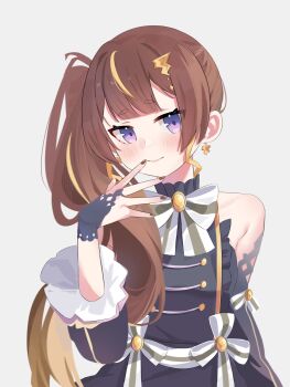 Rule 34 | 1girl, alternate hairstyle, anya melfissa, anya melfissa (1st costume), bare shoulders, black dress, blonde streaks, blunt bangs, bow, bowtie, brown hair, brown nails, center frills, closed eyes, collar, commentary, detached sleeves, double-parted bangs, dress, earrings, frilled collar, frilled sleeves, frills, hanapy, hand to own mouth, hand up, highres, hololive, hololive indonesia, jewelry, kris hair ornament, light blush, long hair, looking at viewer, multicolored hair, nail polish, purple eyes, shirt, side ponytail, simple background, sleeveless, sleeveless dress, smile, solo, spread fingers, straight-on, streaked hair, two-tone hair, very long hair, virtual youtuber, wavy sidelocks, white bow, white bowtie, white shirt