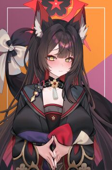 1girl absurdres animal_ear_fluff black_hair black_kimono black_nails blue_archive blush breasts closed_mouth colored_inner_hair commentary_request fox_girl fox_tail halo highres hyurumari japanese_clothes kimono korean_commentary large_breasts long_hair looking_at_viewer multicolored_hair red_hair red_halo sidelocks solo steepled_fingers tail two-tone_hair upper_body wakamo_(blue_archive) wide_sleeves yellow_eyes
