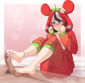 1boy 1girl animal_ear_fluff animal_ears anklet arms_up barefoot bed black_hair black_streaks blue_eyes blush braid breasts caressing_testicles clenched_hands commentary cum cum_on_body cum_on_feet double-parted_bangs english_commentary feet food footjob fruit full-face_blush hair_between_eyes hakos_baelz hakos_baelz_(strawberry_onesie) highres hololive hololive_english hood hooded_pajamas hui_yu jewelry male_pubic_hair medium_breasts mouse_ears multicolored_hair nail_polish on_bed onesie pajamas penis precum pubic_hair red_hair red_pajamas see-through_body sitting steam strawberry testicles toenail_polish toenails twitching_penis two-footed_footjob uncensored virtual_youtuber white_hair