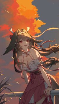 Rule 34 | 1girl, 2bmm2, absurdres, against railing, animal ears, blush, bracelet, breasts, brown hair, cleavage, cloud, cloudy sky, commentary request, criss-cross straps, dress, fox ears, fox girl, fox tail, frilled dress, frills, hair ornament, hairband, highres, jewelry, long hair, long skirt, nail polish, off shoulder, official alternate costume, open mouth, outdoors, plant, railing, red eyes, ribbon, shirt, skirt, sky, smile, strap, tail, very long hair, ye shunguang, zenless zone zero