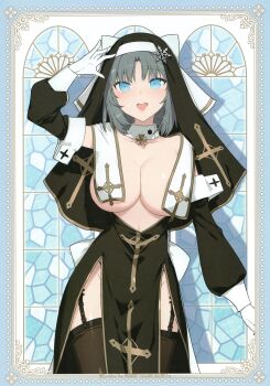 1girl absurdres arm_at_side arm_up back_bow black_dress black_panties black_thighhighs black_veil blue_eyes bow breast_curtains breasts cleavage coif cross detached_sleeves dress garter_straps gloves grey_hair hair_bow hair_ornament highres large_breasts light_blush long_sleeves looking_at_viewer medium_hair no_bra non-web_source nun official_art open_mouth panties pelvic_curtain senran_kagura senran_kagura_new_link smile snowflake_hair_ornament solo striped_bow thighhighs underwear veil white_bow white_gloves yaegashi_nan yumi_(senran_kagura)